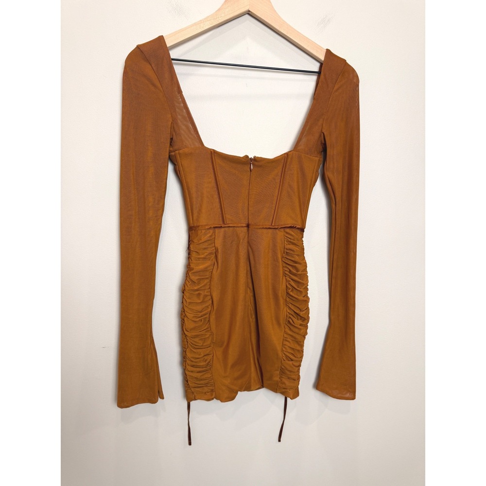 Oh Polly Corset Long Sleeve Mesh Mini Dress Baddie Hot Rouched Sheer Brown 2 - Picture 3 of 13
